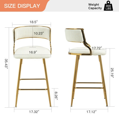 US Local SET OF 2,26 Counter Height Bar Stools Corduroy Kitchen Island Counter Bar Stool With Back,golden Chromed Base And Footrest