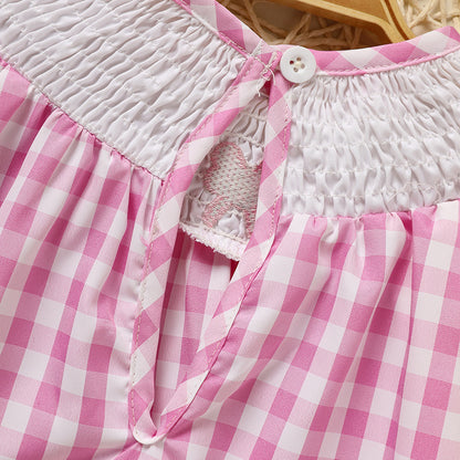 US Local Infant Baby Girls' Valentine's Day Dress Pink Plaid With Heart Embroidery, Smocked Ruffle Sleeves