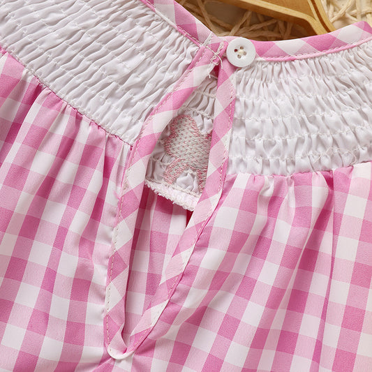US Local Infant Baby Girls' Valentine's Day Dress Pink Plaid With Heart Embroidery, Smocked Ruffle Sleeves