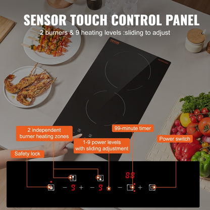 US Local VEVOR Built In Electric Stove Top, 20 X 11.6 Inch 2 Burners, 240V Glass Radiant Cooktop With Sensor Touch Control, Timer & Child Lock Included, 9 Power Levels For Simmer Steam Slow Cook Fry