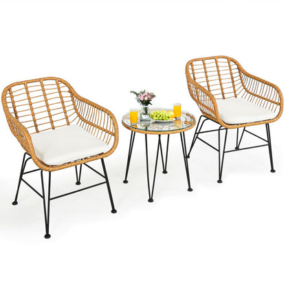 US Local 3 Pieces Rattan Furniture Set With Cushioned Chair Table