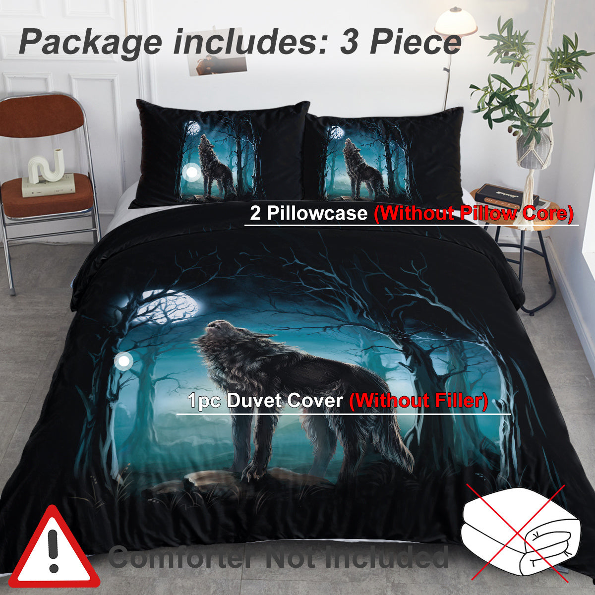 US Local Moon Wolf Bedding Green Watercolor Forest Wolf Landscape Duvet Cover Sets 3 Pieces Wild Animal Bedding Set Twin Full Queen King Size