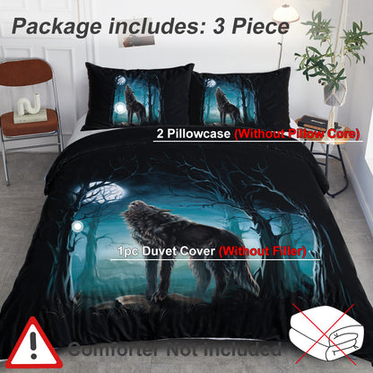 US Local Moon Wolf Bedding Green Watercolor Forest Wolf Landscape Duvet Cover Sets 3 Pieces Wild Animal Bedding Set Twin Full Queen King Size