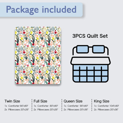 US Local Floral Quilt 3 Pieces Microfiber Quilt Sets Lightweight Bedspreads Botanical Coverlets Quilt Bedding Set All Season Quilts