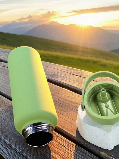 US Local Sports Water Bottle With Portable Handle, Straw, Stainless Steel, American-style, Wide-mouth, Thermal Insulation Cup