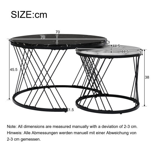 UK Local Round Coffee Table, Modern Coffee Table Set Of 2 Marble Pattern Top With Metal Frame, Small Side Table, End Table For Living Room, Bedroom, Home Office, Farmhouse, White And Black