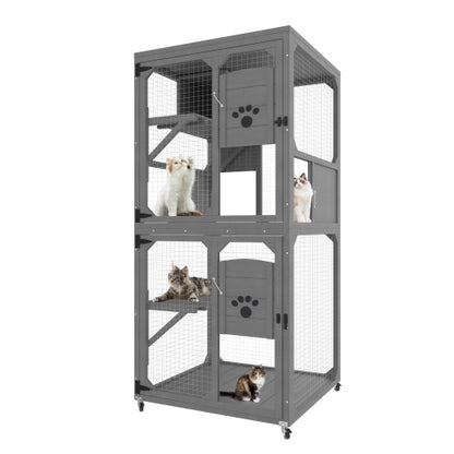 US Local Catio Outdoor Cat Enclosure Window Access, 4 Tiers Cat House With Wheels, Resting Box & Waterproof Roof, Indoor Large Cat House Cage, Gray