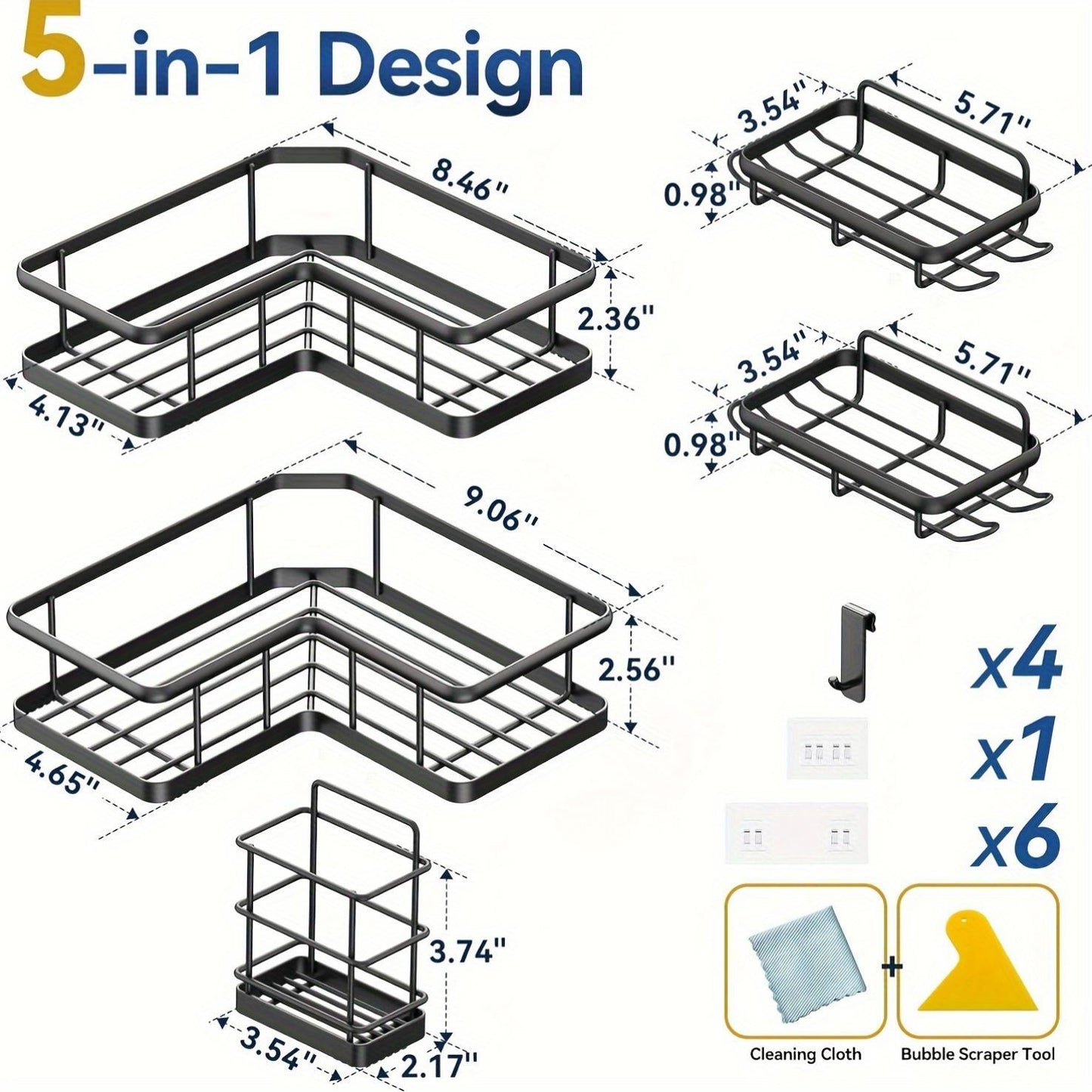 Corner Shower Storage Rack Rust-proof Punch-Free Shower Storage Rack With Soap Holder And Removable Hooks