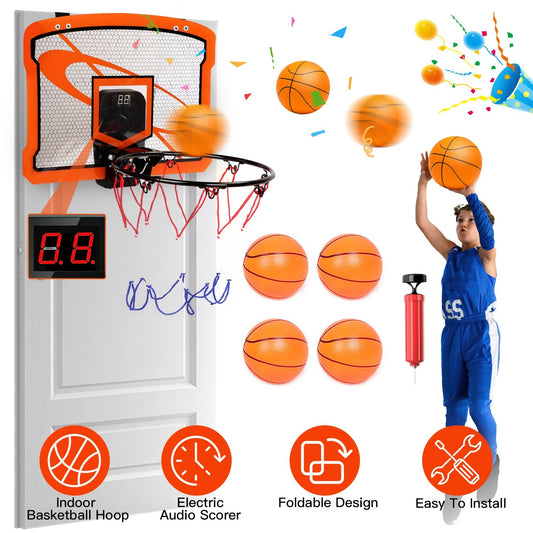 US Local 1Set Indoor Mini Basketball Hoop Set Over Door Basketball Hoop With 4 Inflatable Balls Electric Audio Scorer Foldable Basket Gift For Kids And Adults