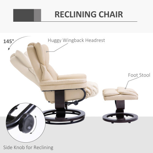 UK Local HOMCOM 360 Swivel Recliner Chair With Footstool, PU Leather Manual Recliner Armchair With Solid Wood Base, Upholstered Reclining Chair For Living Room, Bedroom, Office, Cream