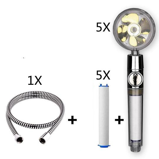 US Local Propeller Driven Shower Head With Stop Button And Cotton Filter Turbocharged High Pressure Handheld Shower Nozzle