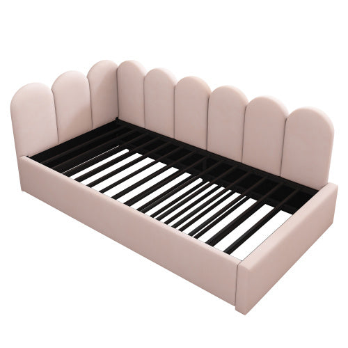 UK Local Upholstered Bed Daybed With Pull-Out Bed, 3FT Single Sofa Bed 90X190Cm,Guest Beds For Adults And Children, Bed With Metal Slatted Frame, Velvet, Pink No Mattress
