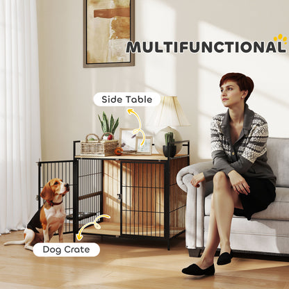 US Local 30 Inch Dog Crate Furniture, Indoor Pet Kennel Side Table With Rotatable Bowls, 2 Anti-Escape Doors, For M Dogs, Oak