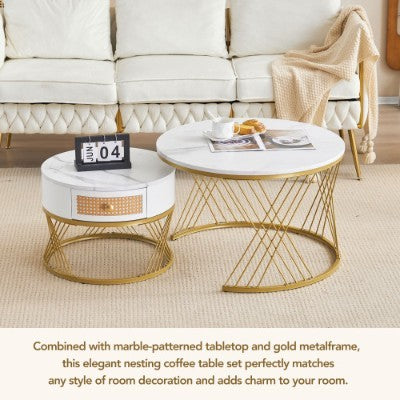 UK Local White Two-piece Coffee Table Set With Rattan Drawers, Gold Accents And Marble-style PVC Sticker Tabletop
