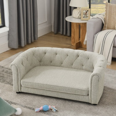 US Local Pet Sofa With Arc-shaped Backrest And Armrests, Contemporary Rectangular Pet Sofa Crafted From Breathable Linen Cozy Soft Cushion Dog Sofa