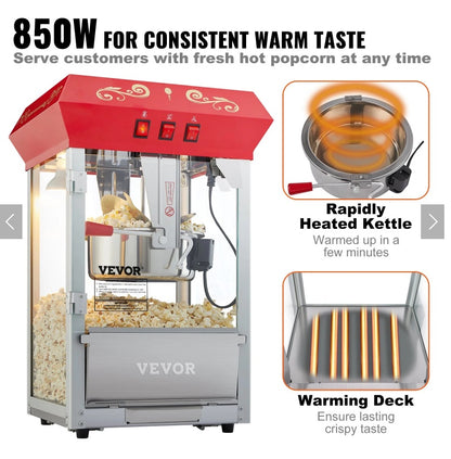 US Local Popcorn Popper Machine 8 Oz Countertop Popcorn Maker 850W 48 Cups Red
