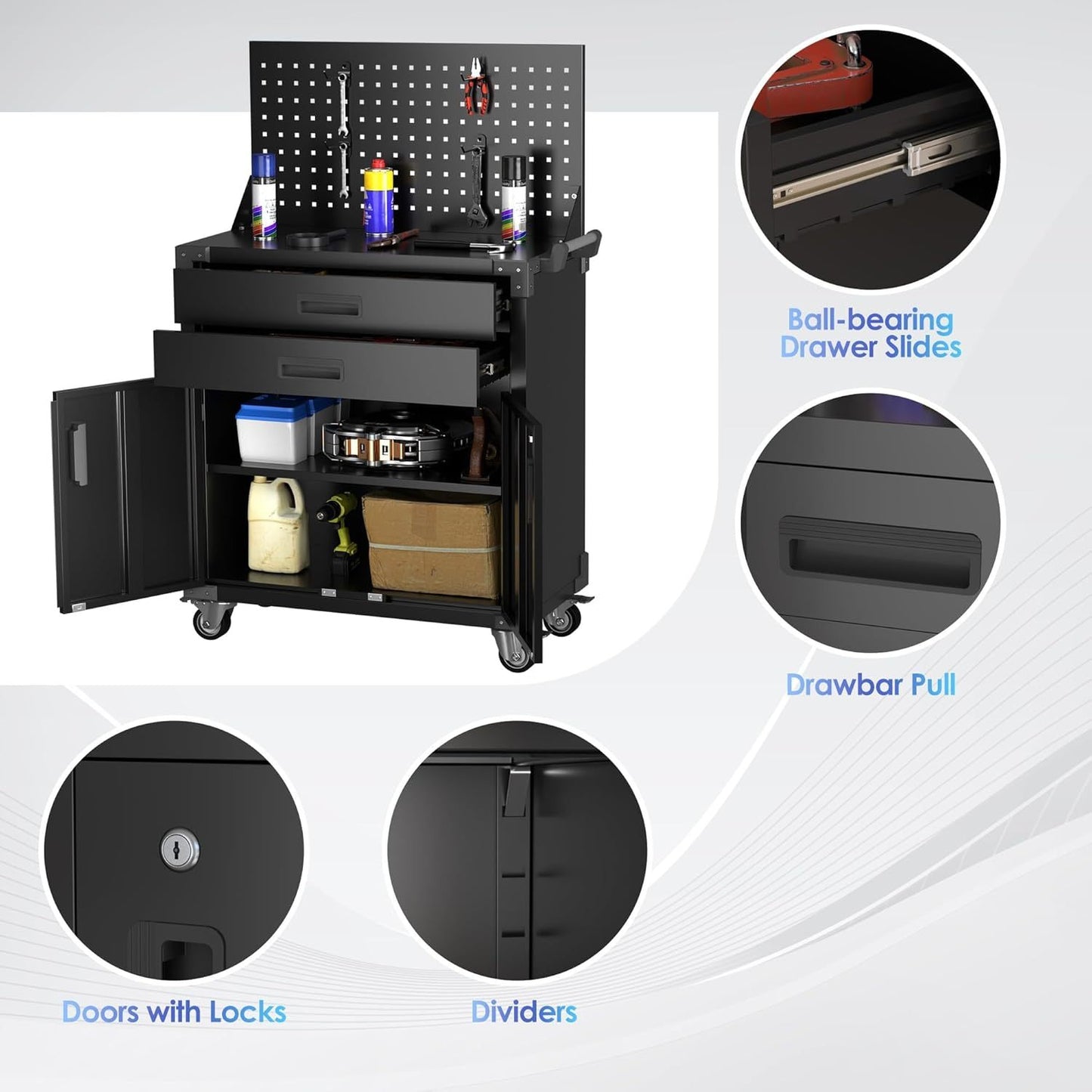 US Local Black Tool Cart With Pegboard And 4 Hooks,Garage Storage Cabinet On Wheels With 2 Drawer,Industrial Service Utility Tool Cart For Mechanics, Garage, Workshop