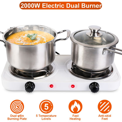 US Local 2 Color Options -- 1Pc 2000W Electric Double Burner Portable Coil Heating Hot Plate Stove Countertop RV Hotplate With Non Slip Rubber Feet 5 Temperature Adjustments