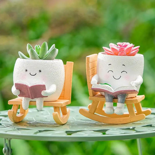 US Local 2 Pieces Of Cute Character Reading Rocking Chair Resin Flower Pots Indoor And Outdoor Plant Decoration Vase Home Flower Gift