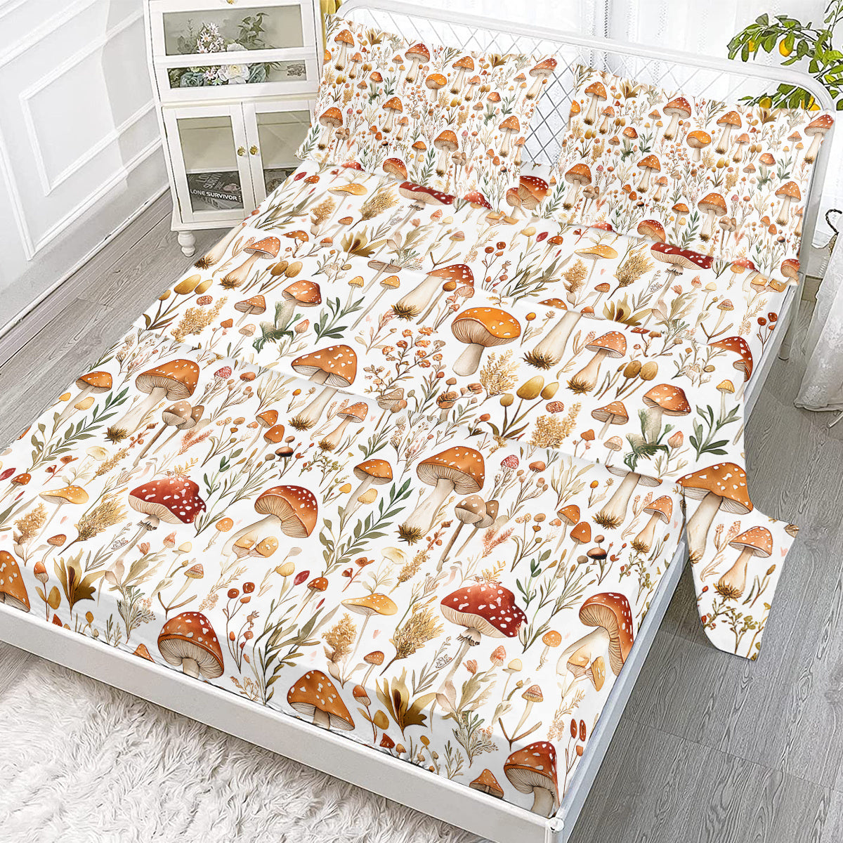 US Local 4 Pcs Of Forest Mushroom Natural Style Printed Series Beds, 1 Bedsheet, 1 Bed Sheet, And 2 Pillowcases Bedding, Suitable For All Seasons