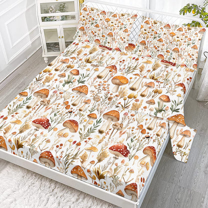 US Local 4 Pcs Of Forest Mushroom Natural Style Printed Series Beds, 1 Bedsheet, 1 Bed Sheet, And 2 Pillowcases Bedding, Suitable For All Seasons
