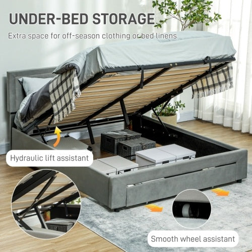 UK Local HOMCOM Double Size Ottoman Bed Frame, With Front Drawer - Grey