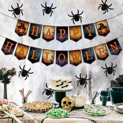 US Local Happy Halloween Banner And Hanging Spider Garland Trick Or Treat Banner Sign Happy Halloween Paper Banner For Halloween Party Decorations