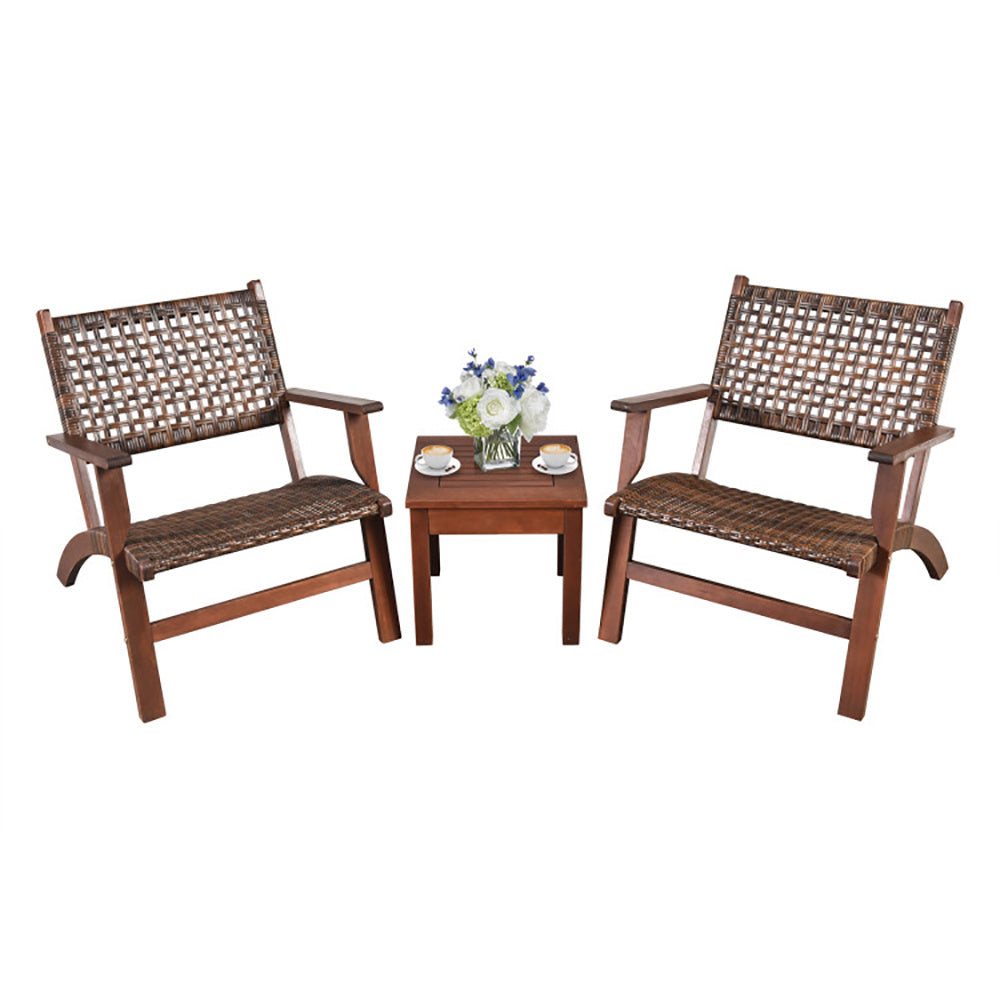US Local 3 Pieces Outdoor Wooden Patio Rattan Furniture Set