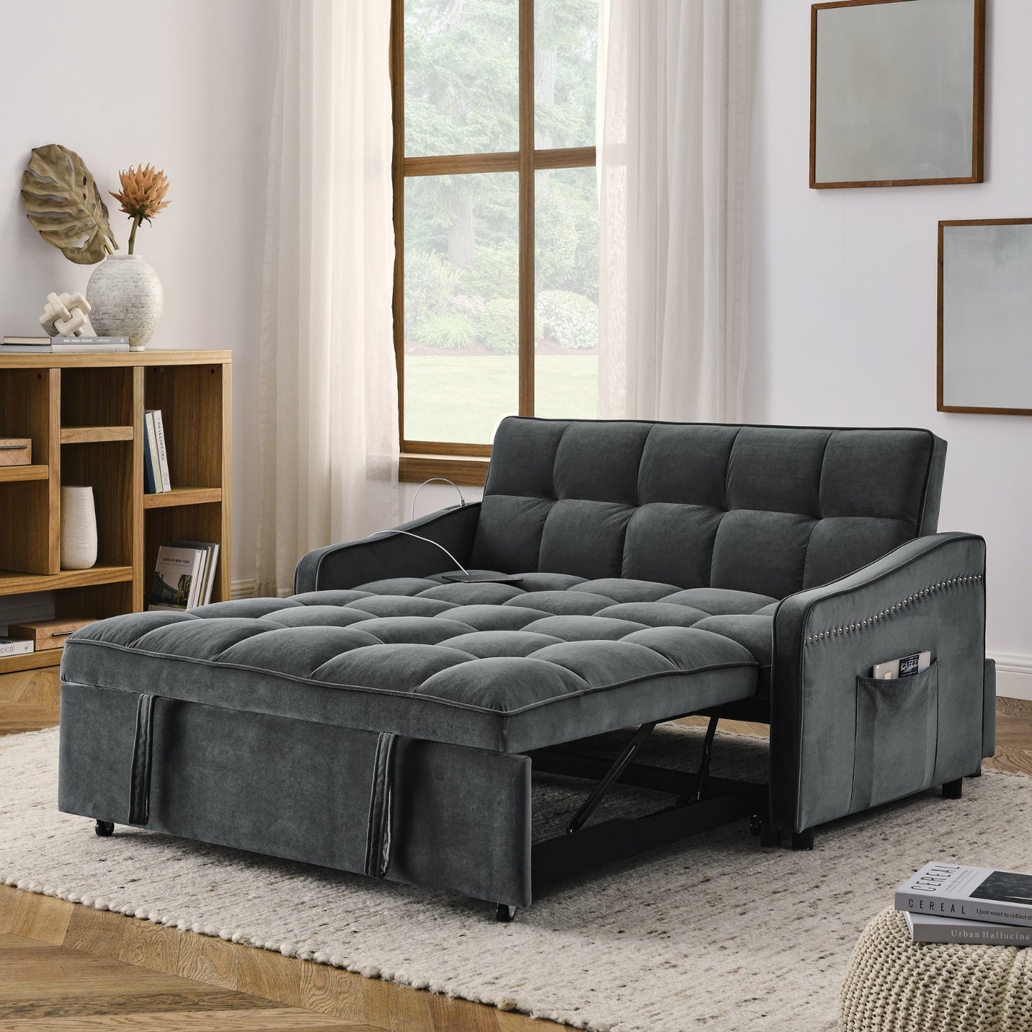 US Local Loveseat Sofa Bed Pull-out, Adjustable Back, Arm Pockets, TypeC & USB Charging