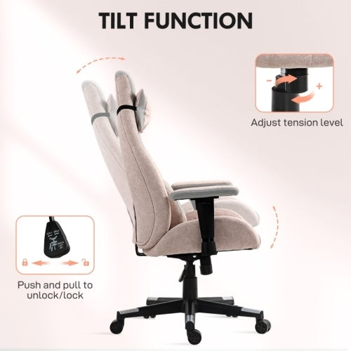 UK Local HOMCOM Fabric Gaming Chair With Lumbar Support, Headrest - Pale Pink