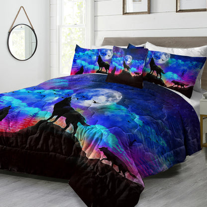 US Local Galaxy Comforter Set Men 3D Wolf Bed Comforter Set 4 Piece Wolves Howling Bedding For Boys Retro Oil Painting Design Purple Blue And Black Bedding Set Queen King Size