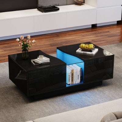 UK Local Led Coffee Table With 2 Drawer Storage, High Gloss Coffee Table For Living Room Unique Shape Centre Table With 16-Color Led Lights,End Table For Home Office Furniture, Black