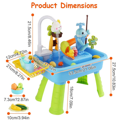 US Local 1Set 3 In 1 Kitchen Sink Toy With Electric Faucet Water Table Fishing Game Role Play Sink Set Indoor Outdoor For Kids Aged 3 Years Old