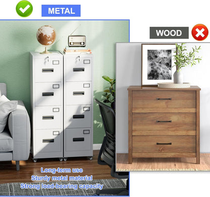 US Local METAN 4 Drawer Vertical File Cabinet On Wheels, Lockable Office Files Storage Cabinet With Handle And Name Card,Mobile Storage Cabinet For Office And Home,Assembly Required,White