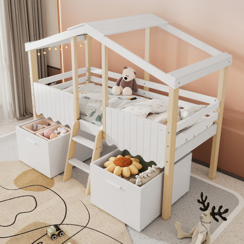 UK Local Wooden Bed, Storage Bed , Children's Bed, 3ft Single Bed 90x190cm, Safety Guardrail, Two Storage Boxes With Wheels, Imitation Roof Shape, Pine Wood  Particle Board, WhiteNatural