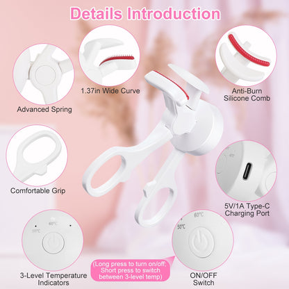 US Local 2Pcs Heated Eyelash Curler Electric USB Rechargeable Eyelash Curler Anti Burn Compact With Comb Heat Up Fast Within 8S For All Eye Shapes For Women Make Up Gift Travel Valentine Mother Day