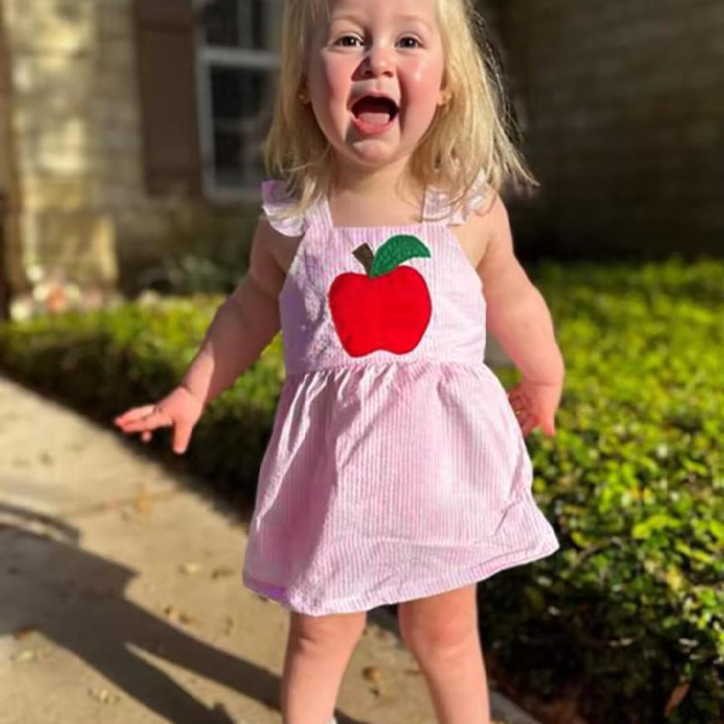 US Local Kids Baby Girl Back To School Outfit, First Day Of School, Summer Ruffle Sleeves Applique Top & Shorts Set