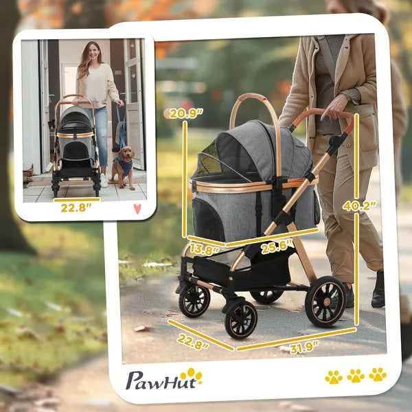 US Local 3 In 1 Dog Stroller With Detachable Cabin, 4 Wheel Folding Lightweight Pet Stroller For Small Dogs, Gray