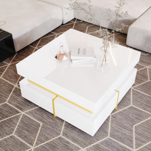 UK Local Coffee Table, High-Gloss Living Room Table, Side Table With Drawers And Gold Accents
