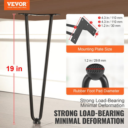 US Local VEVOR Hairpin Furniture Legs, Metal Home DIY Projects For Nightstand, Coffee Table, Desk, 500lbs Load Capacity With Rubber Floor Protectors, Metal Heavy Duty Sturdy Modern Table Legs, 4PCS Black