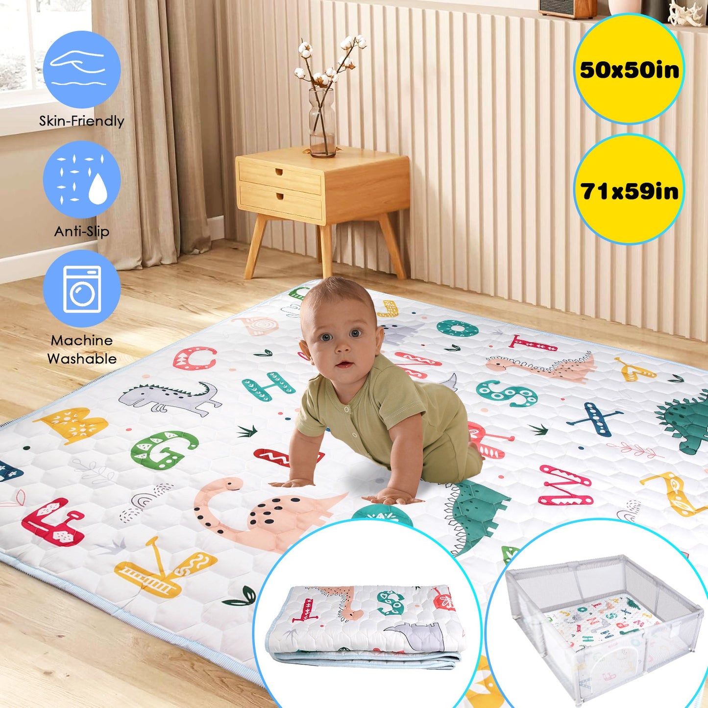 US Local 1Pc 71x59IN Or 50X50IN Baby Play Mat Non-Slip Baby Crawling Mat Foldable Playpen Mat Machine Washable For Newborns Infants Babies Toddlers