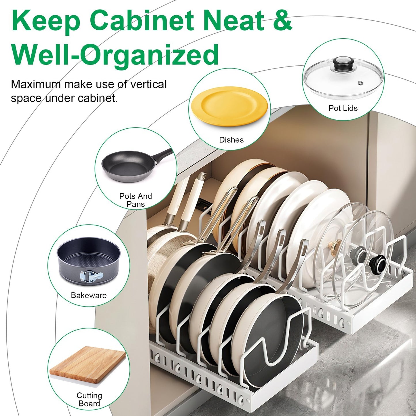 US Local 1Pc Pull Out Pots And Pans Organizer Under Cabinet With 8 Adjustable Dividers Rustproof Carbon Steel Sliding Pots Holder For Kitchen Cookware Bakeware Pots Lids Storage