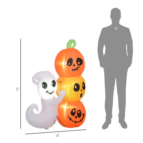 HOMCOM 5ft Inflatable Halloween Decoration Ghost And Pumpkin, Blow Up Outdoor LED Yard Display, Waterproof