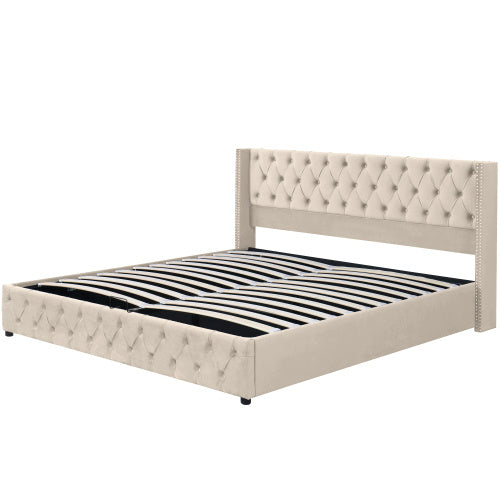 UK Local Upholstered Bed, With Hydraulic Lever, Functional Bed From Storage, 150 X 200 Cm, Without Mattress, Velvet, Beige