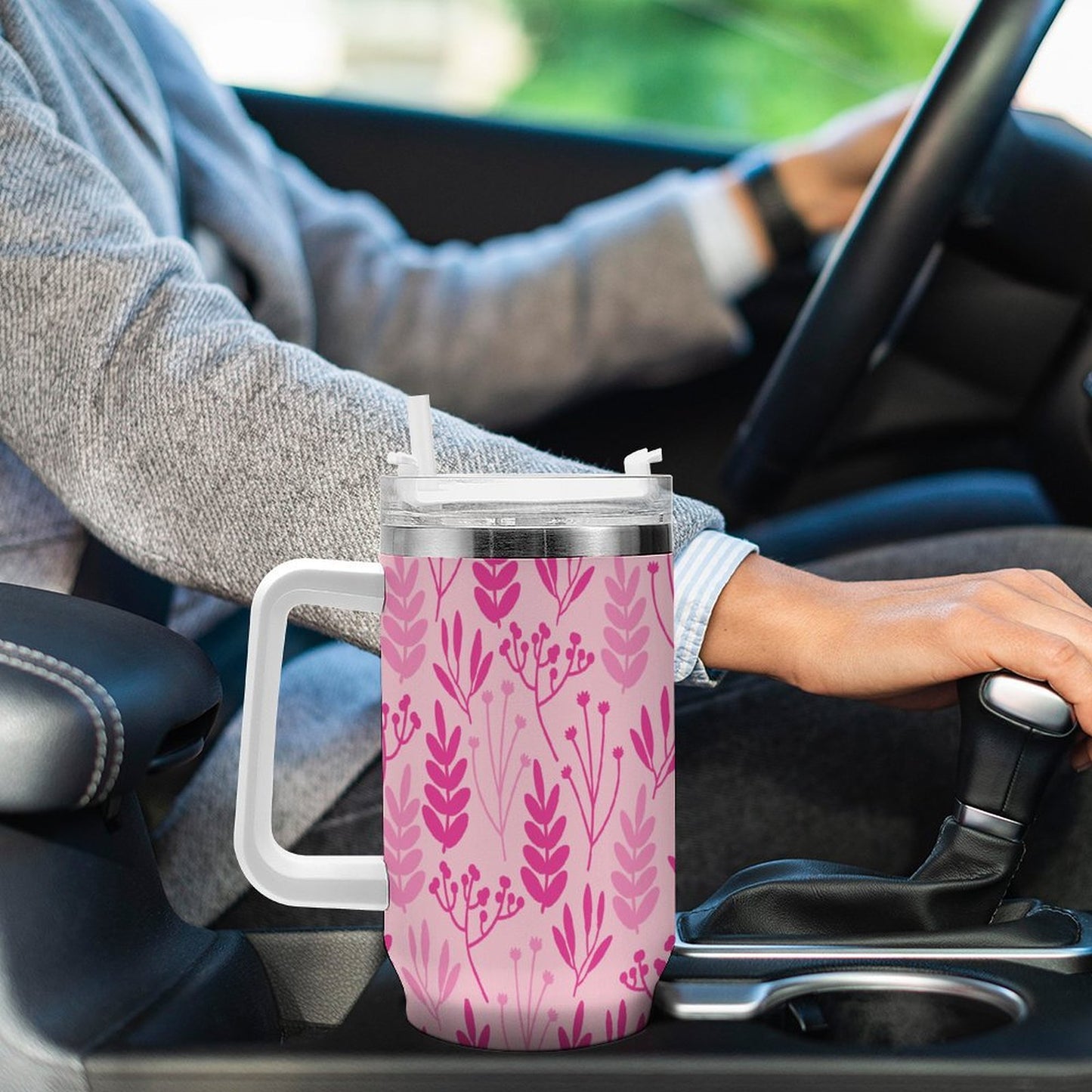 PHDT00422 POD US Local Tumbler 40 oz Large Capacity Car Cup Pink Flowers leaves