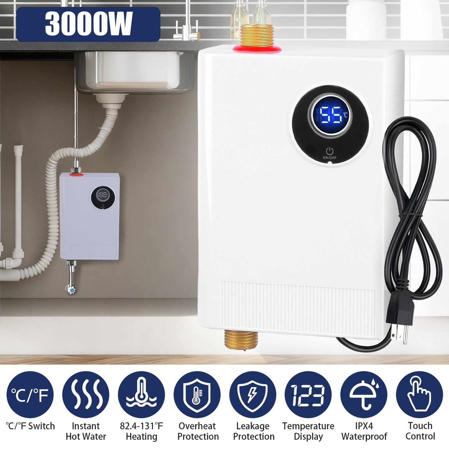 US Local 3000W Electric Tankless Water Heater Instant Mini Hot Water Heater With Digital Display For Kitchen RV Sink Bathroom