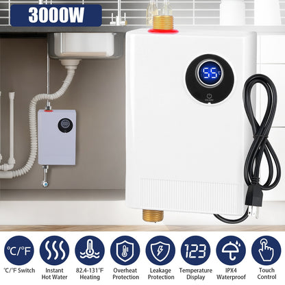 US Local 3000W Electric Tankless Water Heater Instant Mini Hot Water Heater With Digital Display For Kitchen RV Sink Bathroom