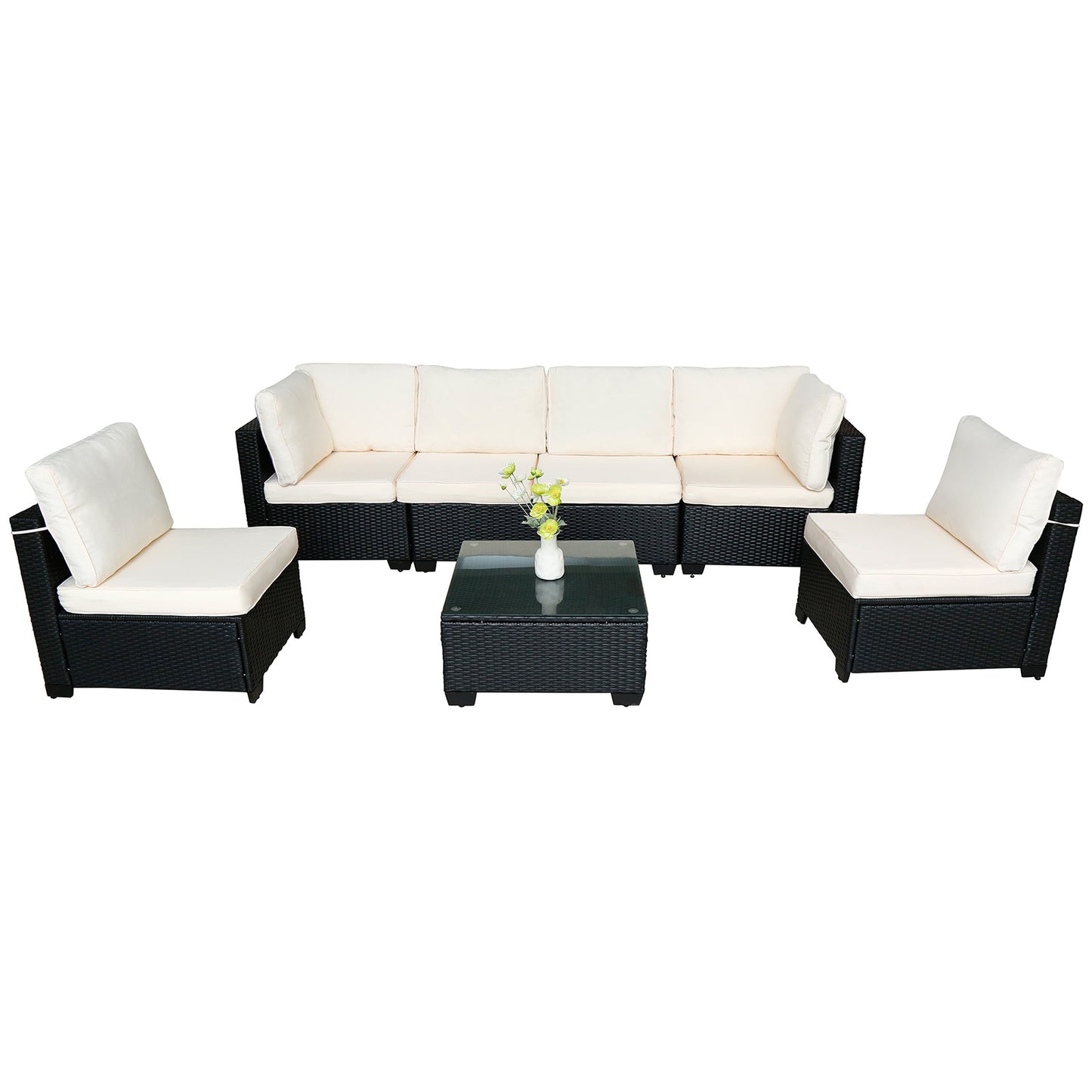 US Local Seven-Piece Sofa Set Table With Sofa Chair Black PE Rattan Outdoor New Design Furniture 7-JH002 Box 3-1-2-3 With White Color Cushion