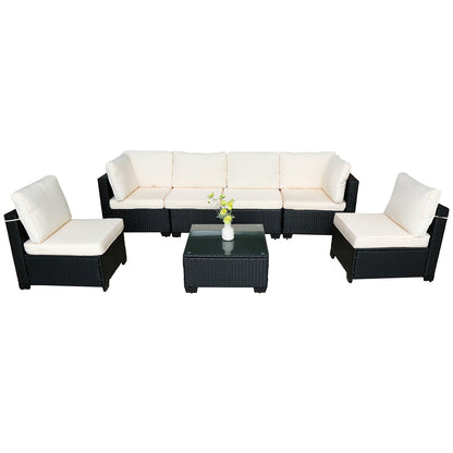 US Local Seven-Piece Sofa Set Table With Sofa Chair Black PE Rattan Outdoor New Design Furniture 7-JH002 Box 3-1-2-3 With White Color Cushion