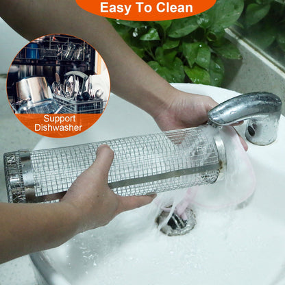 US Local 2Pcs 3.42x11.61Inch Portable BBQ Rolling Basket Round Stainless Steel Grill Mesh Barbecue Net Tube With Removable Cover Outdoor Camping